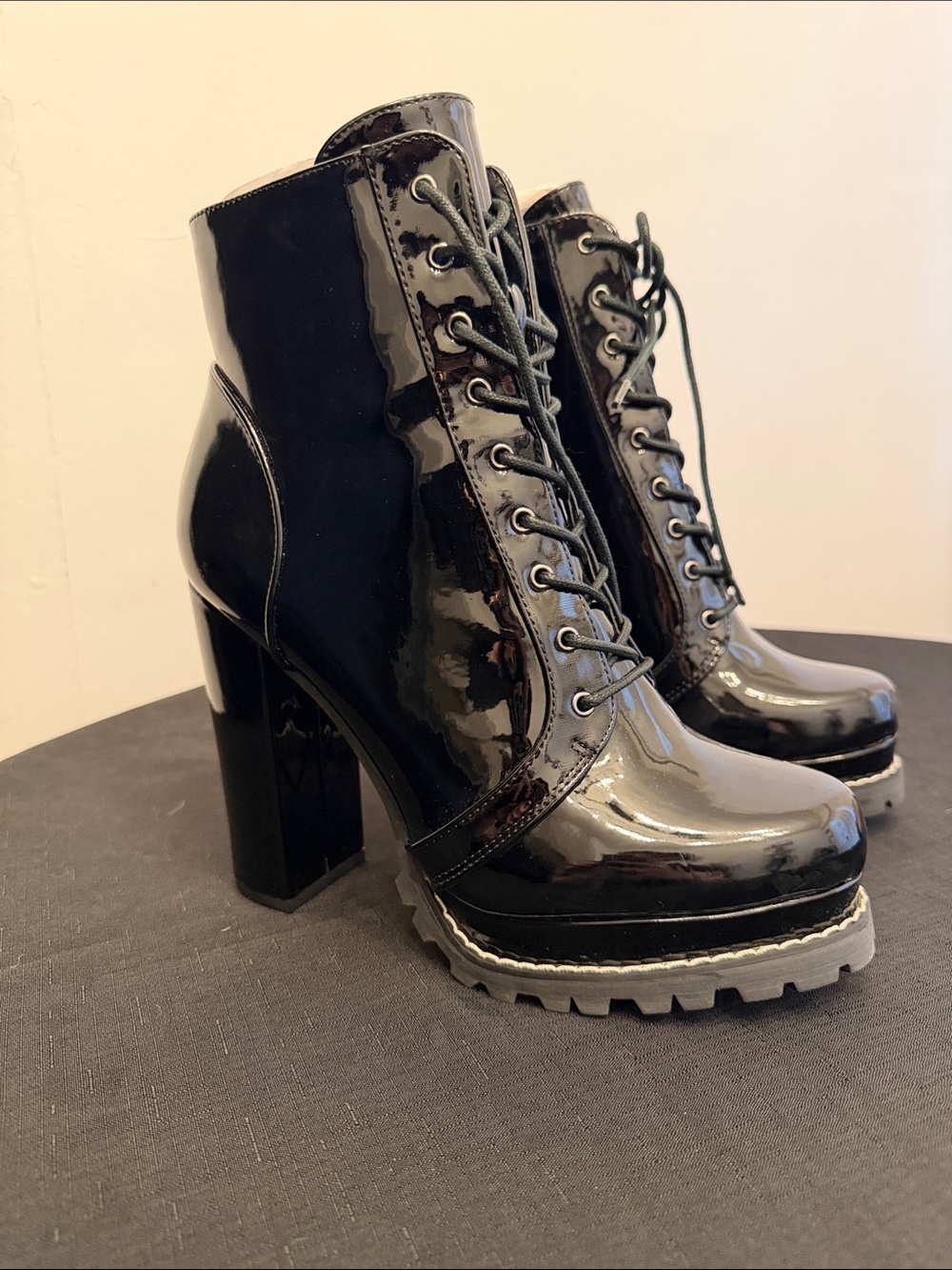 AKIRA Black Patent Lace-Up Platform Ankle Boots